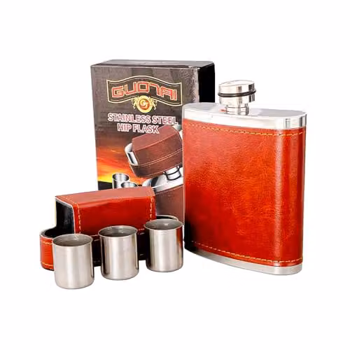 KAV Leakproof Stainless Steel Pocket Hip Flask with Brown Leather Cover, 8 Oz