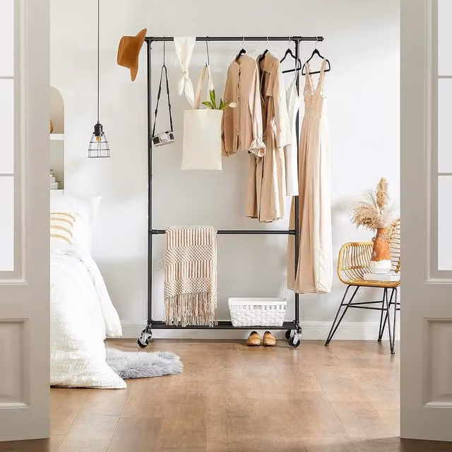 SONGMICS Heavy Duty Industrial Clothes Rack on Wheels with Double Rods in Matt Black, H 198.0 cm x W 130.0 cm x D 110.0 cm – 1