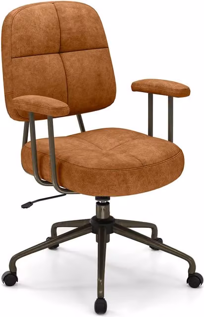 Costway Brown Synthetic Leather Upholstered Task Chair with Armrests for Home Office