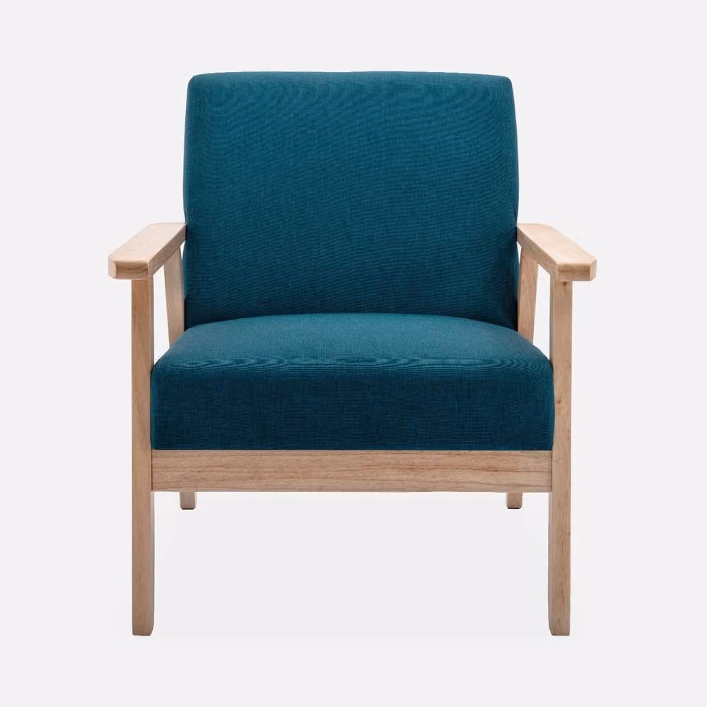 sweeek Scandi-style Blue Fabric Upholstered Armchair with Wood Frame – 2