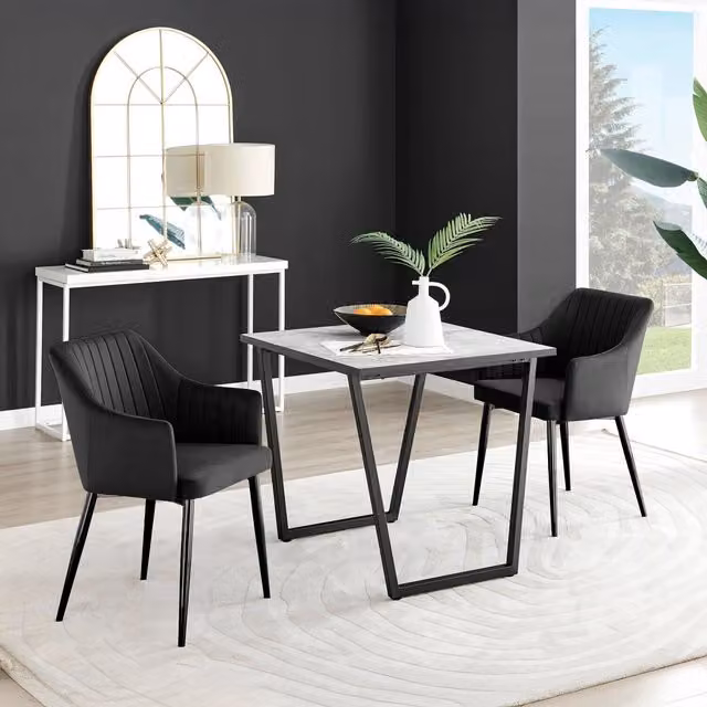 FurnitureboxUK Carson White Marble Effect Square Dining Table and 2 Calla Black Velvet Chairs