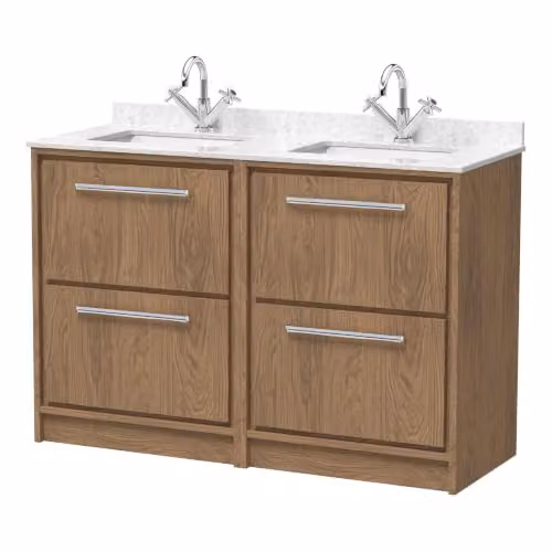 Balterley Antique Oak Floor Standing Twin Basin Vanity Unit with Marble Top and 4 Soft Close Drawers, W/D/H: 122 x 47 x 87.8 cm