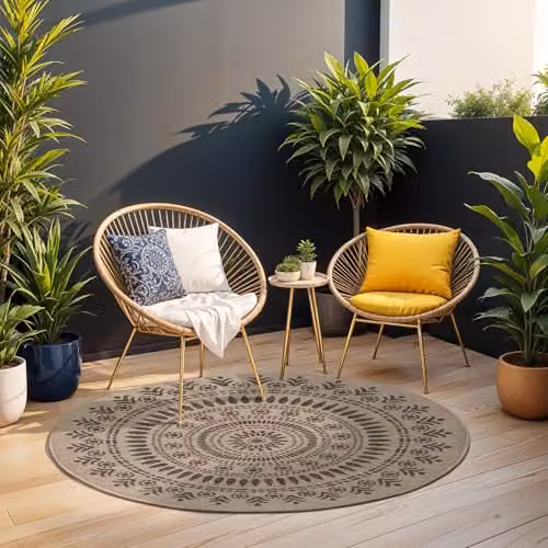 Livabliss Vera Round Boho Style Outdoor Carpet in Black and Beige, Diameter: 100 cm – 3