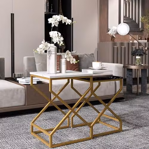 HOMCOM Nest of Tables Set of 2 with Marble-Effect Tops and Metal X-Frame in Black and White – 5