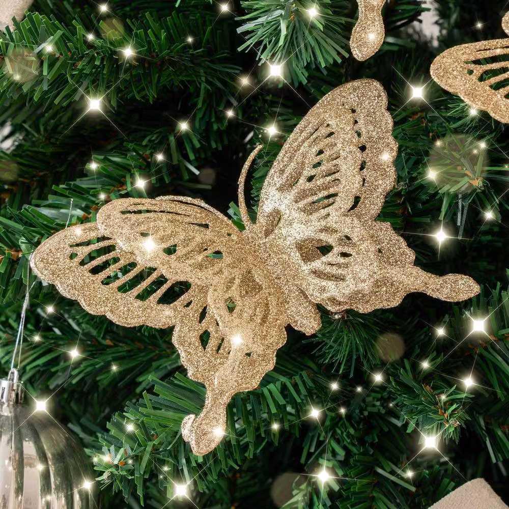Melody Maison Set of 4 Champagne Gold Glitter Butterfly Christmas Decoration Clips – 5