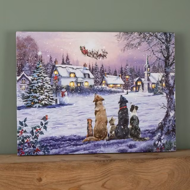 Samuel Alexander Multicolour Dogs Watching Santa Christmas Fibre Optic Light Up Wall Canvas, W: 40 cm, H: 30 cm – 1