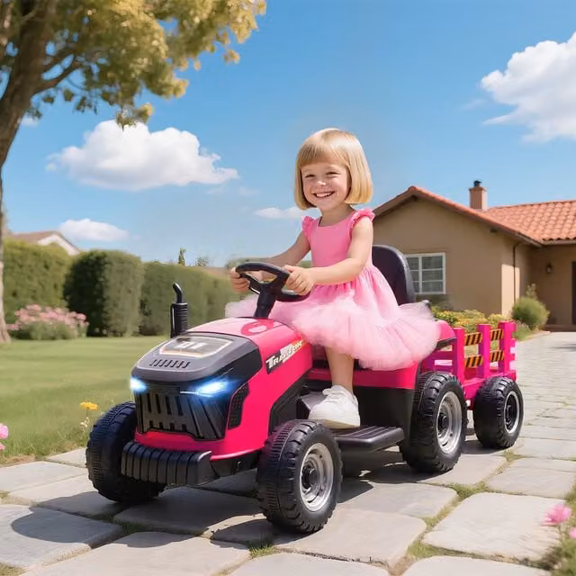 AIYAPLAY 12V Electric Ride on Tractor and Trailer in Pink