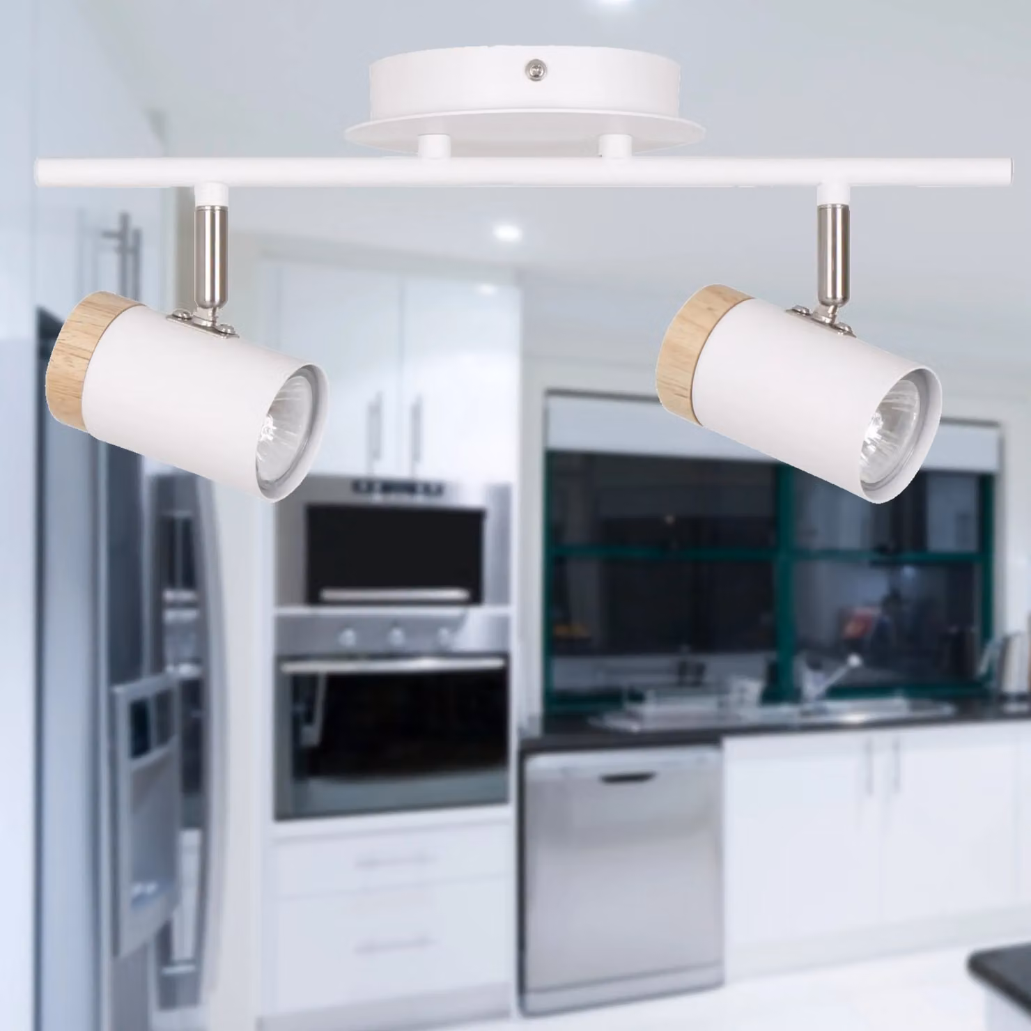 First Choice Lighting Stratton Two Way Up and Down Spotlight in White with Wood Detail – 3