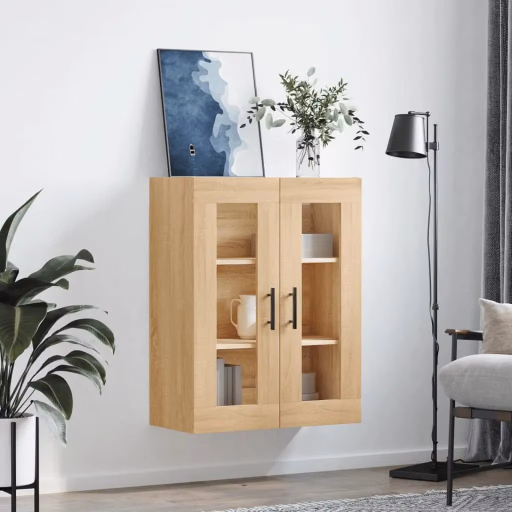 Berkfield Home Wall Mounted Sonoma Oak Cabinet with Glass Doors in Brown, W: 69.5 cm, D: 34 cm, H: 90 cm – 3