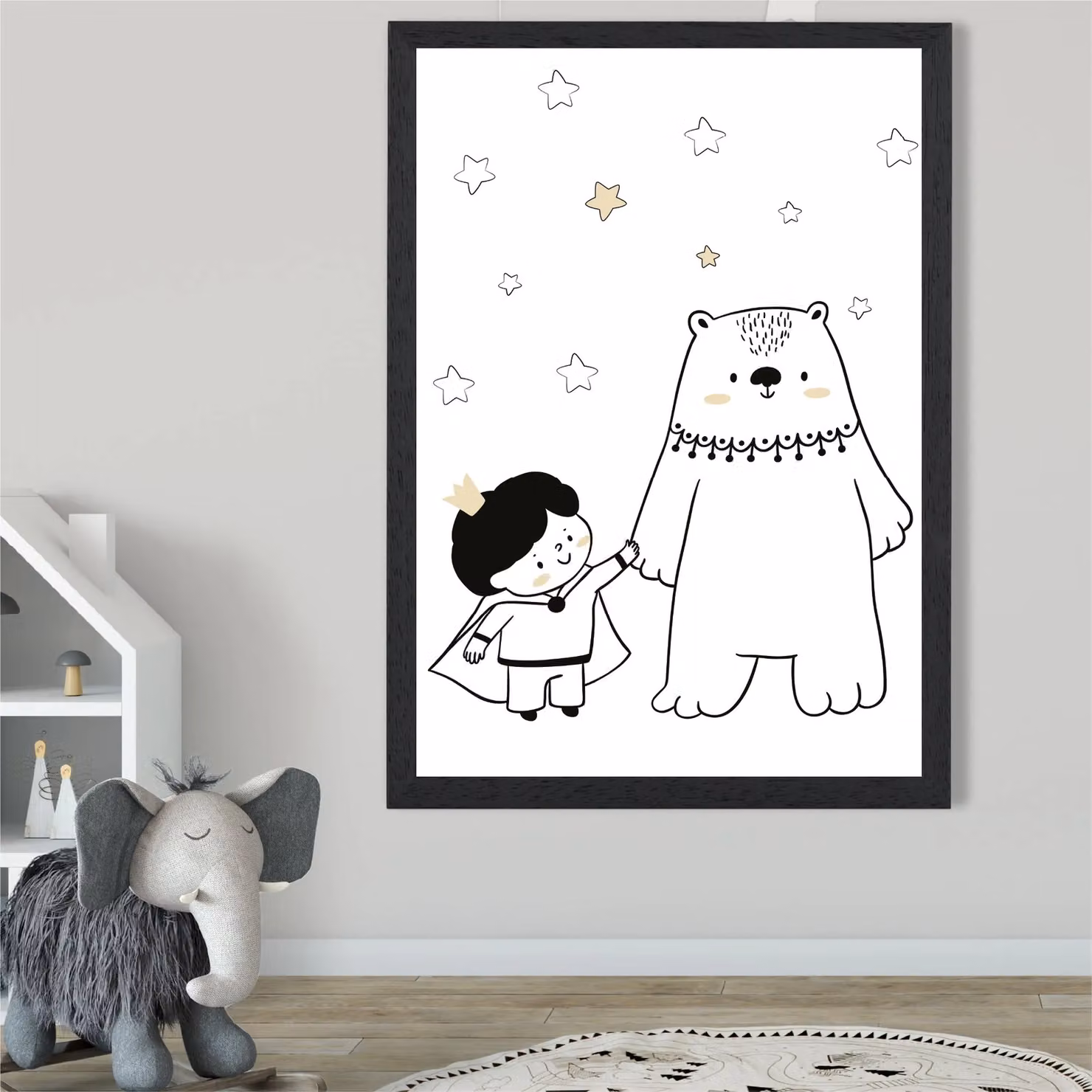 ARTZE Scandi Prince Little Boy with Bear Framed Print, Black Frame, A3 – 2