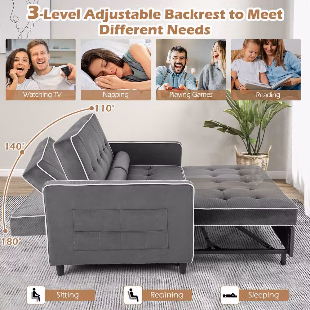 Gymax 3-in-1 Convertible Pull Out Sofa Bed in Grey Velvet Fabric with Metal Frame – 2
