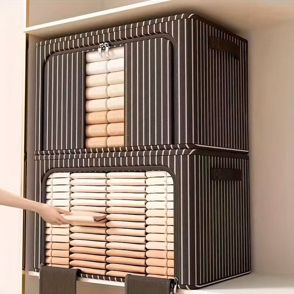 Ventryn 100L Foldable Storage Boxes with Handles, Black and White Stripes, Transparent Finish – 3