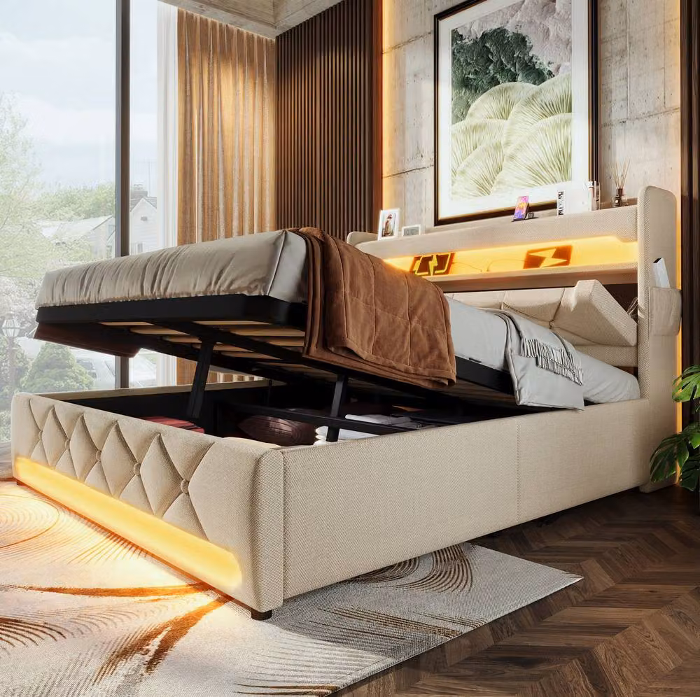 STILVORA Beige Upholstered Double Bed with LED Under-Bed Lighting, USB Charging Ports and Bedside Shelf, W/D/H: 140 x 200 cm – 2