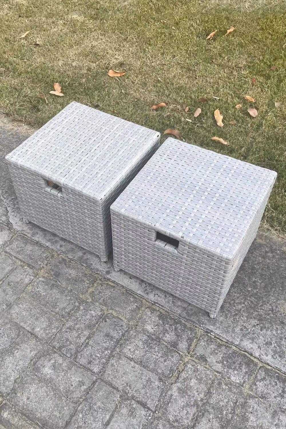 Fimous Set of 2 PE Rattan Small Footstools in Light Grey