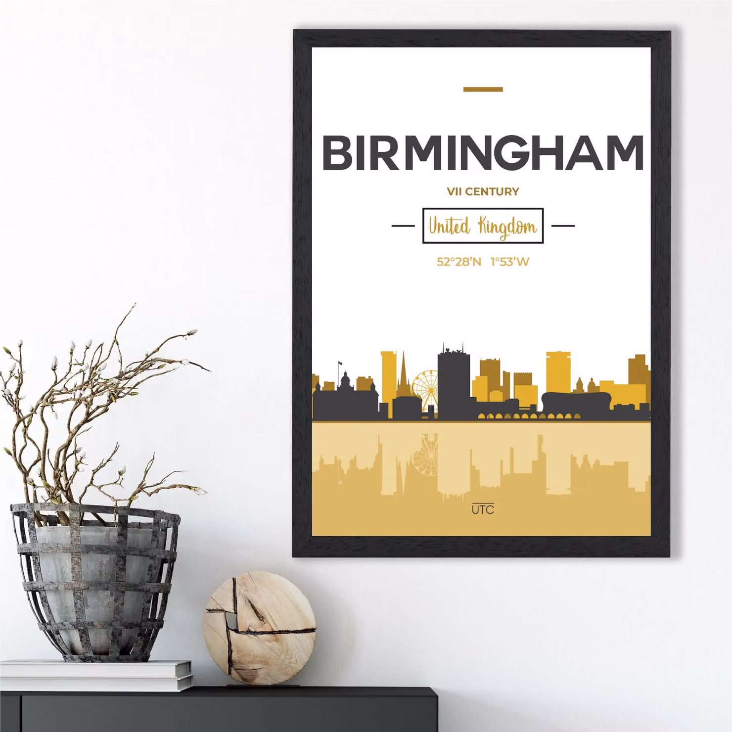ARTZE Birmingham City Skyline Framed Print in Yellow and Black – 2
