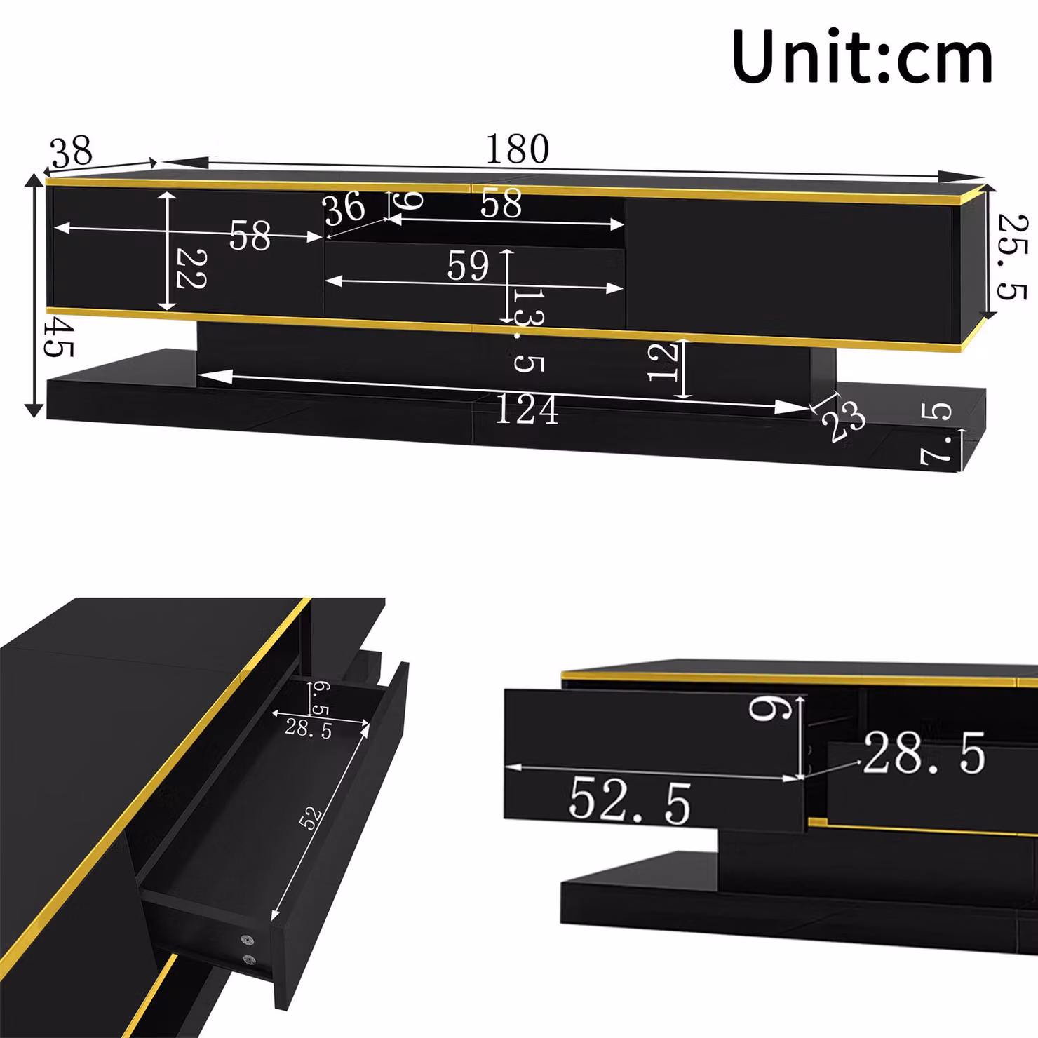 Aosom Modern Black and Gold TV Cabinet with 3 Drawers, Open Compartment and Integrated LED Lighting, W/D/H: 180 x 38 x 45 cm – 3