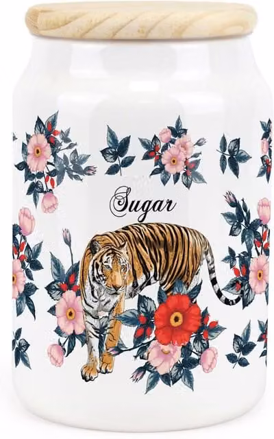 Purely Home Floral Tiger Ceramic Sugar Storage Canister in Pink and White