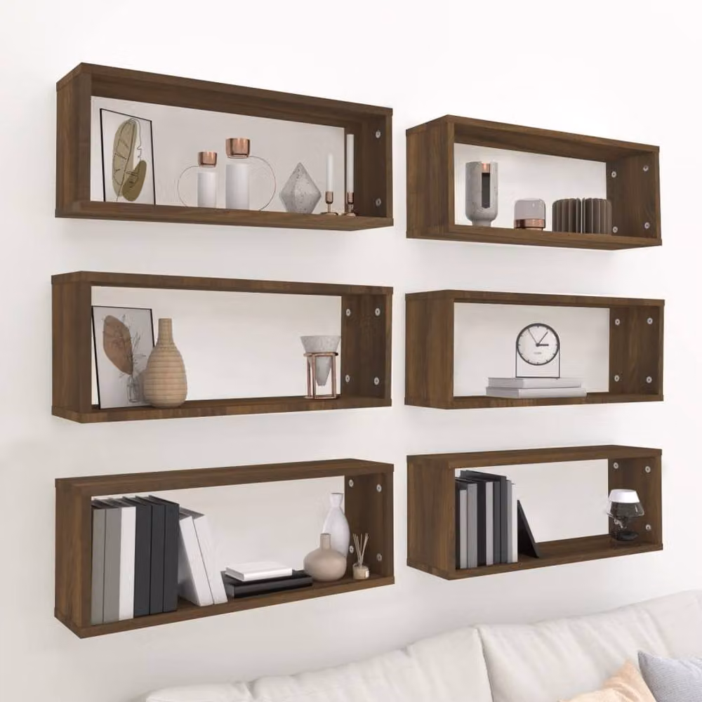 Berkfield Home Wall Mounted Cube Shelves, 6 Piece Set in Brown Oak, W: 60 cm, D: 23 cm, H: 15 cm – 2
