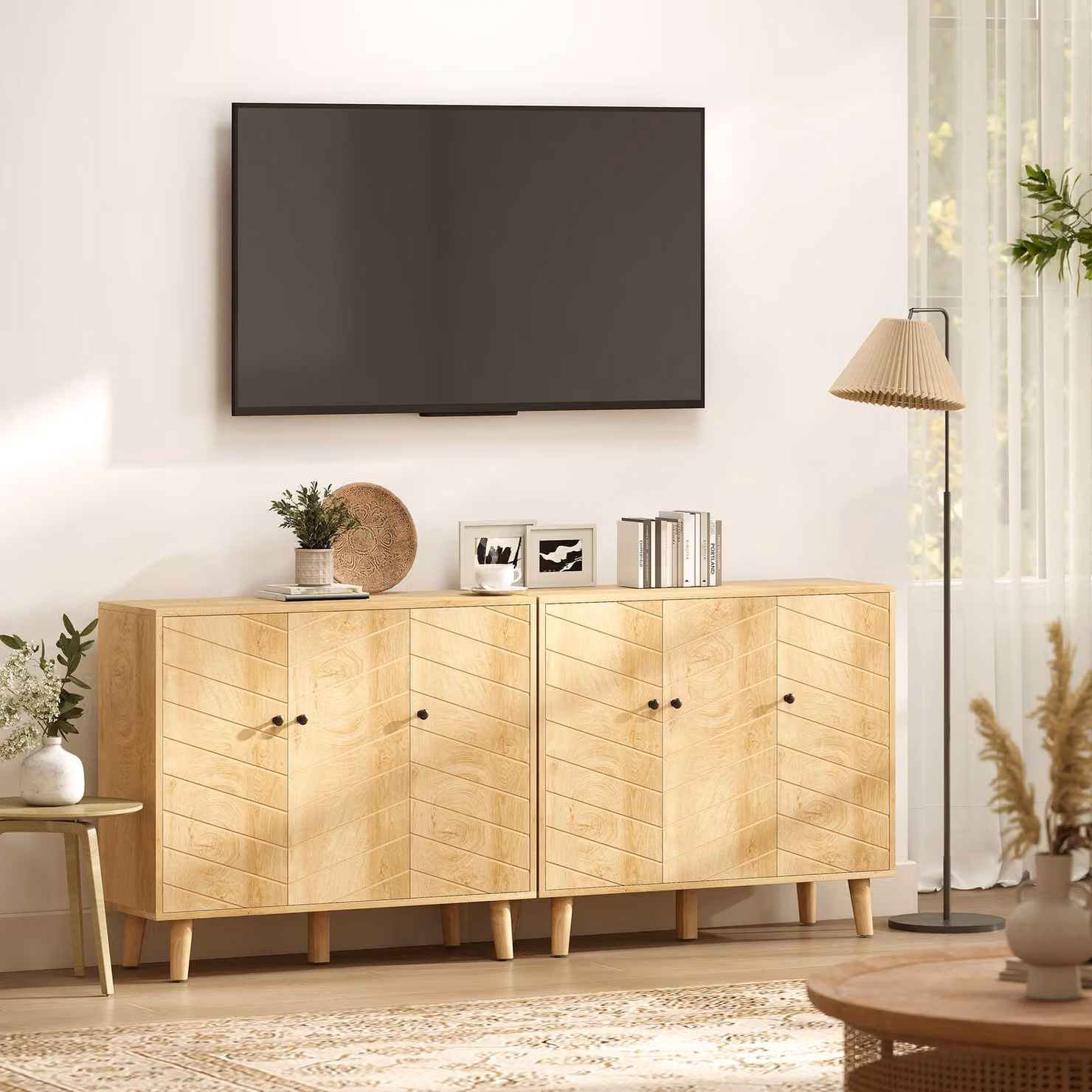 HOMCOM Vintage Brown Sideboard with Geometric Chevron Doors and Pine Wood Legs – 3