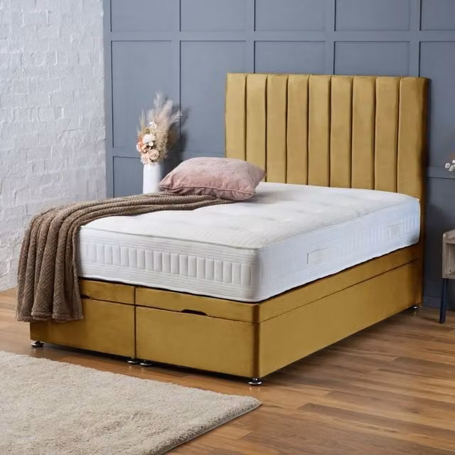 BSSPOKE Aria Ottoman Divan Bed with Panel Headboard in Yellow Plush Velvet, W/D/H: 90 x 190 cm