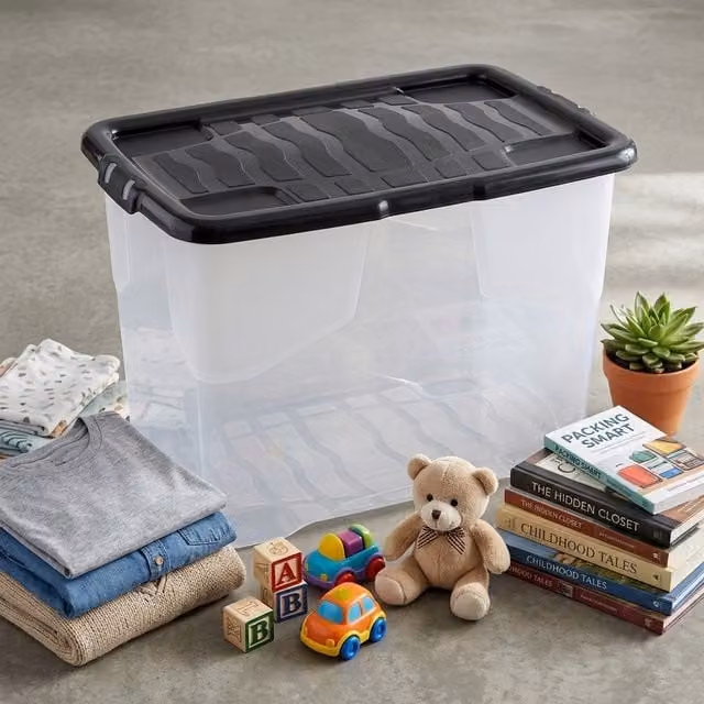 Storm Trading Group Set of 3 Heavy-Duty Stackable Plastic Storage Boxes with Black Lids, 80L Each, Transparent