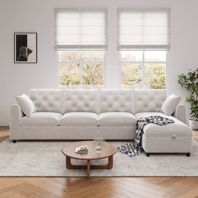 Rolipo Modern Velvet Reversible L-Shaped Corner Sofa with Storage in Beige – 1