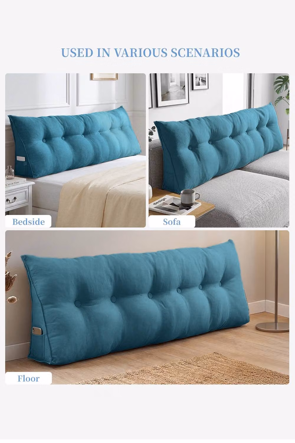 Living and Home Blue Washable Wedge Headboard Pillow with Storage Pocket – 4