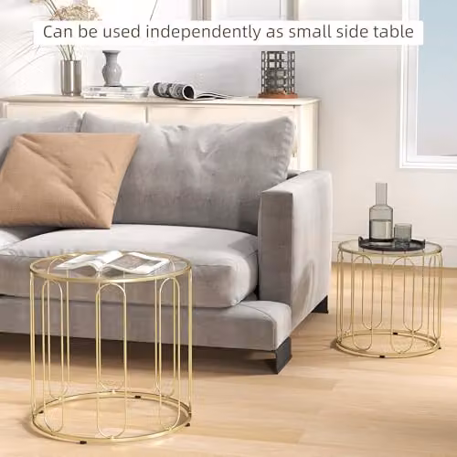 HOMCOM Set of 2 Round Glass Nest of Tables with Gold Metal Frame – 3