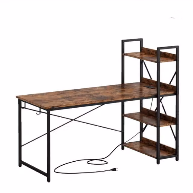 Hygrad Industrial 4 Tier Wooden Computer Desk with UK Sockets and USB Ports, Brown, W: 121.0 cm, D: 60.0 cm, H: 18.0 cm