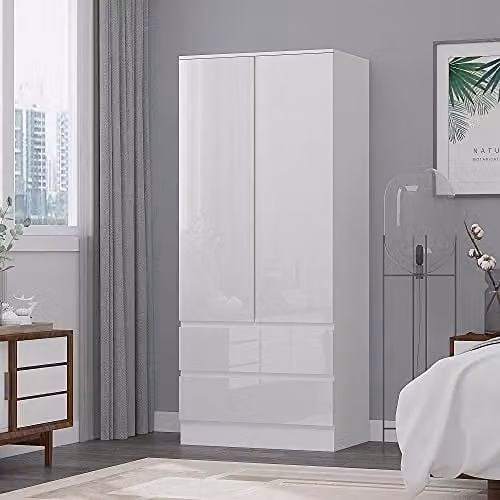 FWStyle White Gloss 2 Door 2 Drawer Wardrobe with Soft Close Doors, H 181 x W 80 x D 50 cm – 2