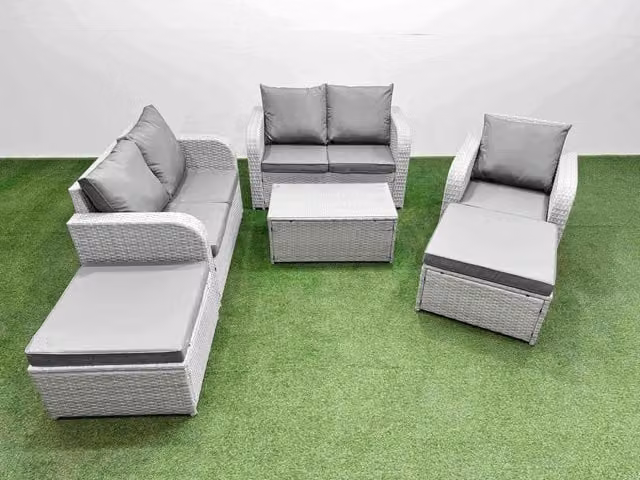 Fimous Grey Poly Rattan Garden Furniture Set with Reclining Chair, 2 Seater Sofa, Rectangular Coffee Table and 2 Ottomans