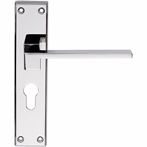 Pair of Loops Flat Straight Lever on Euro Backplate Door Handles in Polished Chrome, W: 180 mm, H: 40 mm