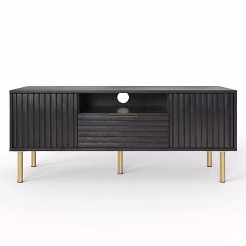 GFW Nervata Art Deco TV Unit in Black and Gold with 2 Doors and 1 Drawer, W/D/H: 119.5 x 39.0 x 49.0 cm – 2