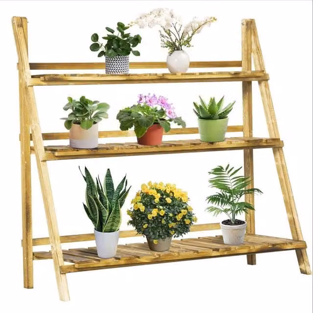 Kelvenix 3-Tier Foldable Wood Flower Stand and Plant Display Rack in Brown