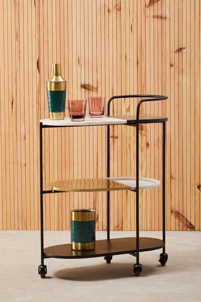 Orsina 3-Tier Modern Bar Cart with Black and White Marble Top and Metal Frame on Castors