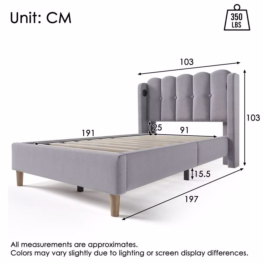 ModernLuxe Upholstered Fabric Bed in Grey with USB Charging Port and Wooden Slatted Frame, W/D/H: 140 x 103 x 197 cm – 2