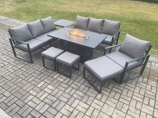 Fimous 10 Seater Aluminium Garden Furniture Set with Gas Fire Pit Dining Table, Side Table, 3 Footstools and Cushions in Dark Grey