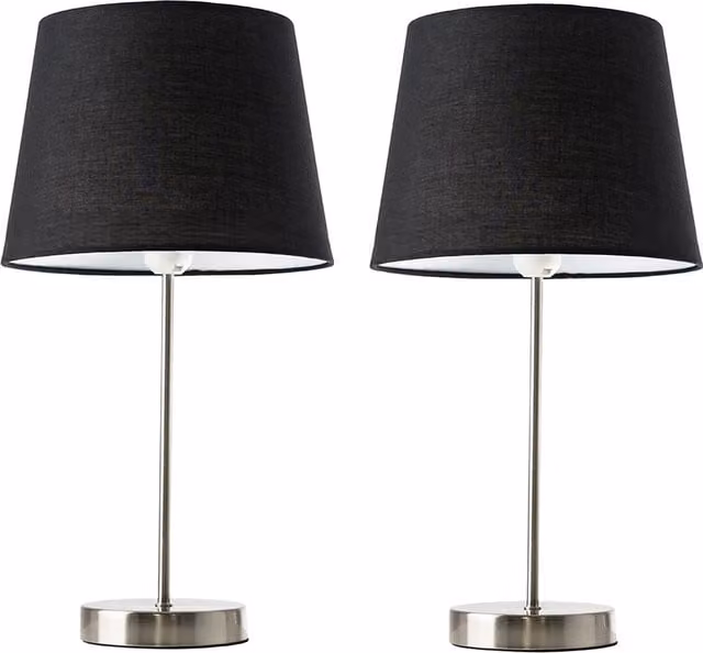 ValueLights Charlie Set of 2 Modern LED Table Lamps in Black with Fabric Cylinder Shades