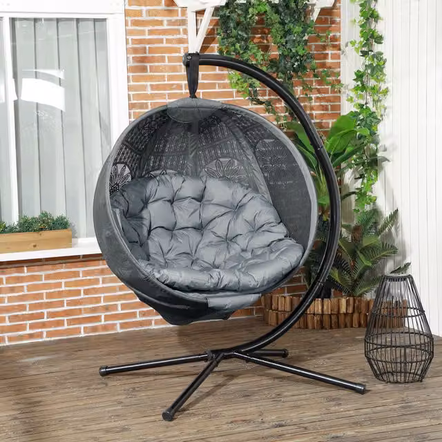 Outsunny Grey Cushioned Egg Hanging Swing Chair with Metal Stand