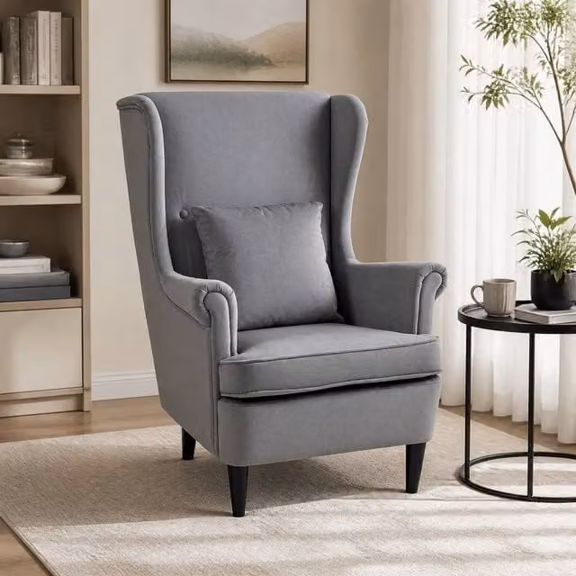 STILVORA Grey Fabric Wingback Chair with High Back, Armrests and Integrated Pillow