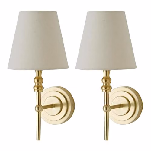 ValueLights Maggie Pair of Gold Candlestick Wall Lights with Beige Fabric Shades – 1