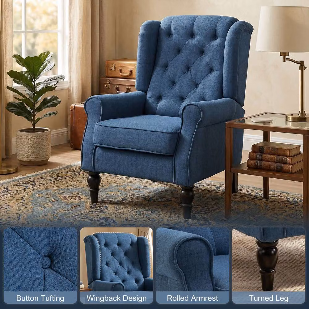 STILVORA Blue Fabric Wingback Chair with Solid Wood Frame and Armrests – 5
