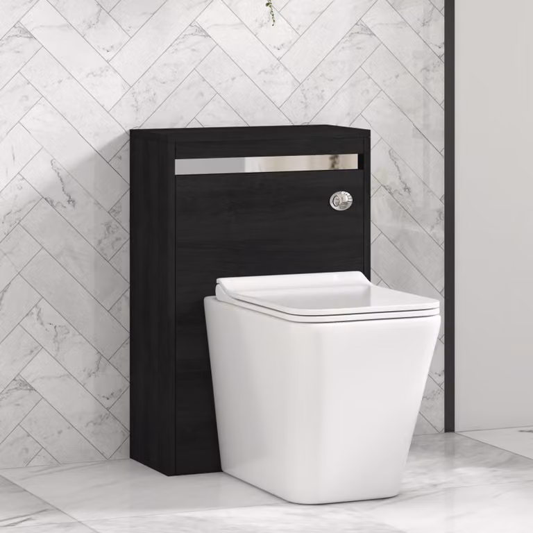 Royal Bathrooms Orion 540mm Hale Black BTW WC Unit with Elena Rimless Ceramic Toilet Pan, Slim Soft Close Seat and Cistern with Chrome Accent Trim