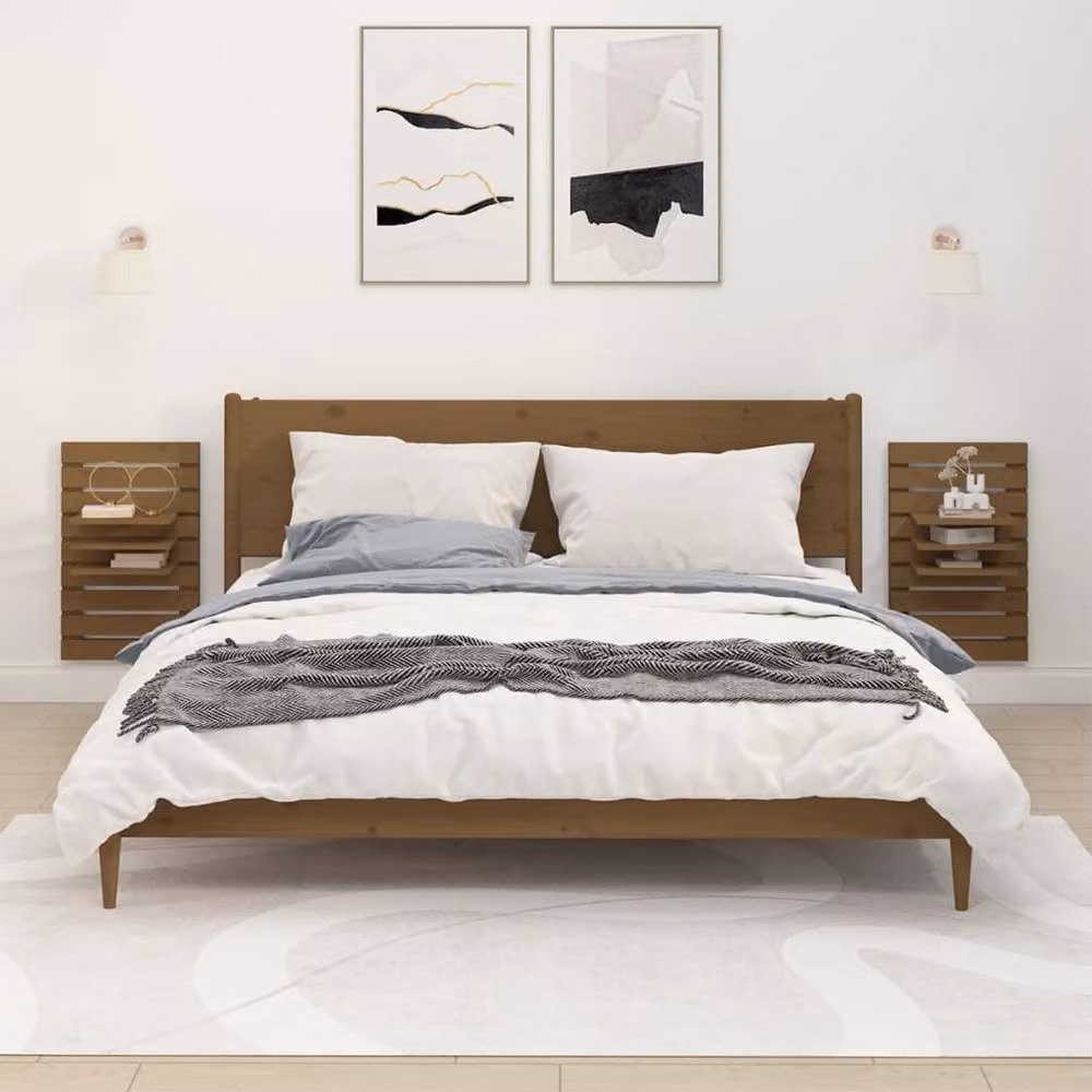 Berkfield Home Set of 2 Wall-mounted Bedside Shelves in Honey Brown Solid Pine Wood – 2