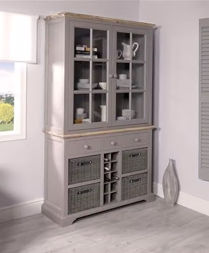 Grey Kitchen Display Cabinet with Glass Doors, Wine Rack and 3 Drawers, W: 120 cm, D: 42 cm, H: 200 cm – 1