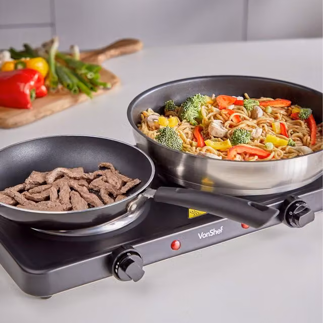 VonShef Portable Electric Double Hot Plate with Cast Radiant Elements and Analog Display, Black