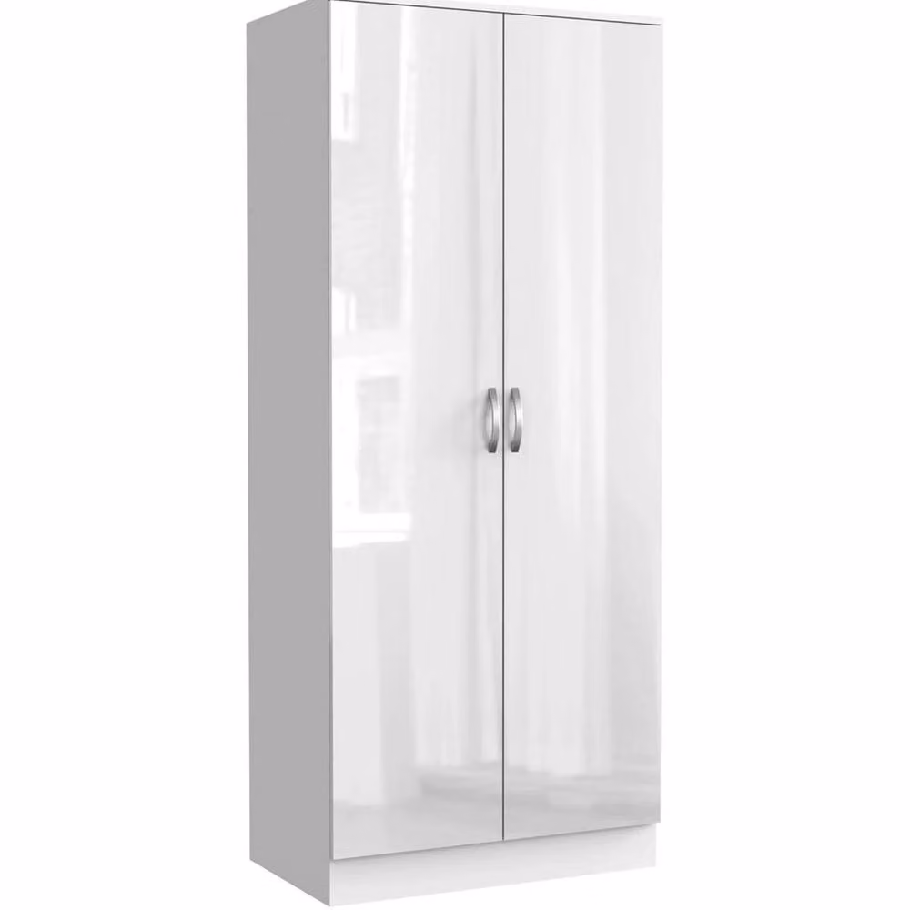 FORGEVIO White High Gloss 2 Door Wardrobe with Internal Shelves and Hanging Rod – 2