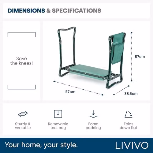 LIVIVO 2-in-1 Foldable Garden Kneeler and Seat with Handles, Foam Pad and Tool Bag in Green – 10