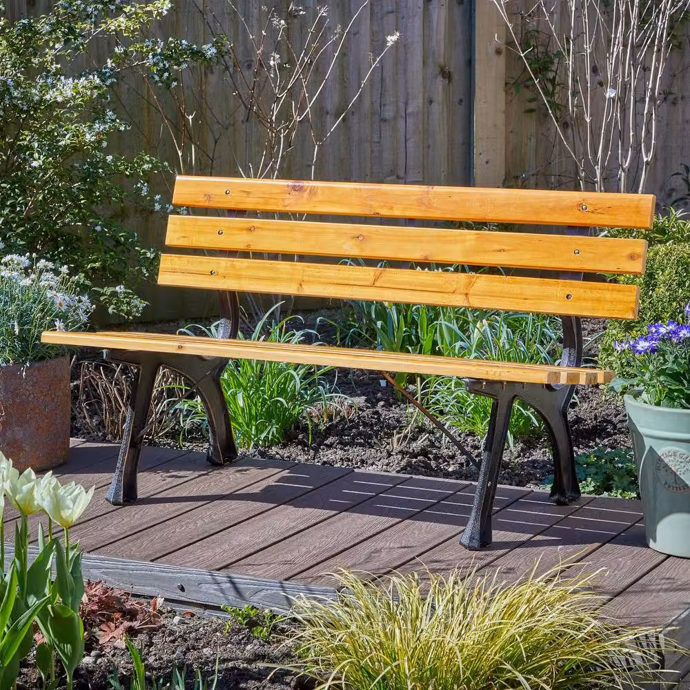 Home Source 2 Person Metal Framed Garden Bench with Wooden Seats in Natural – 3