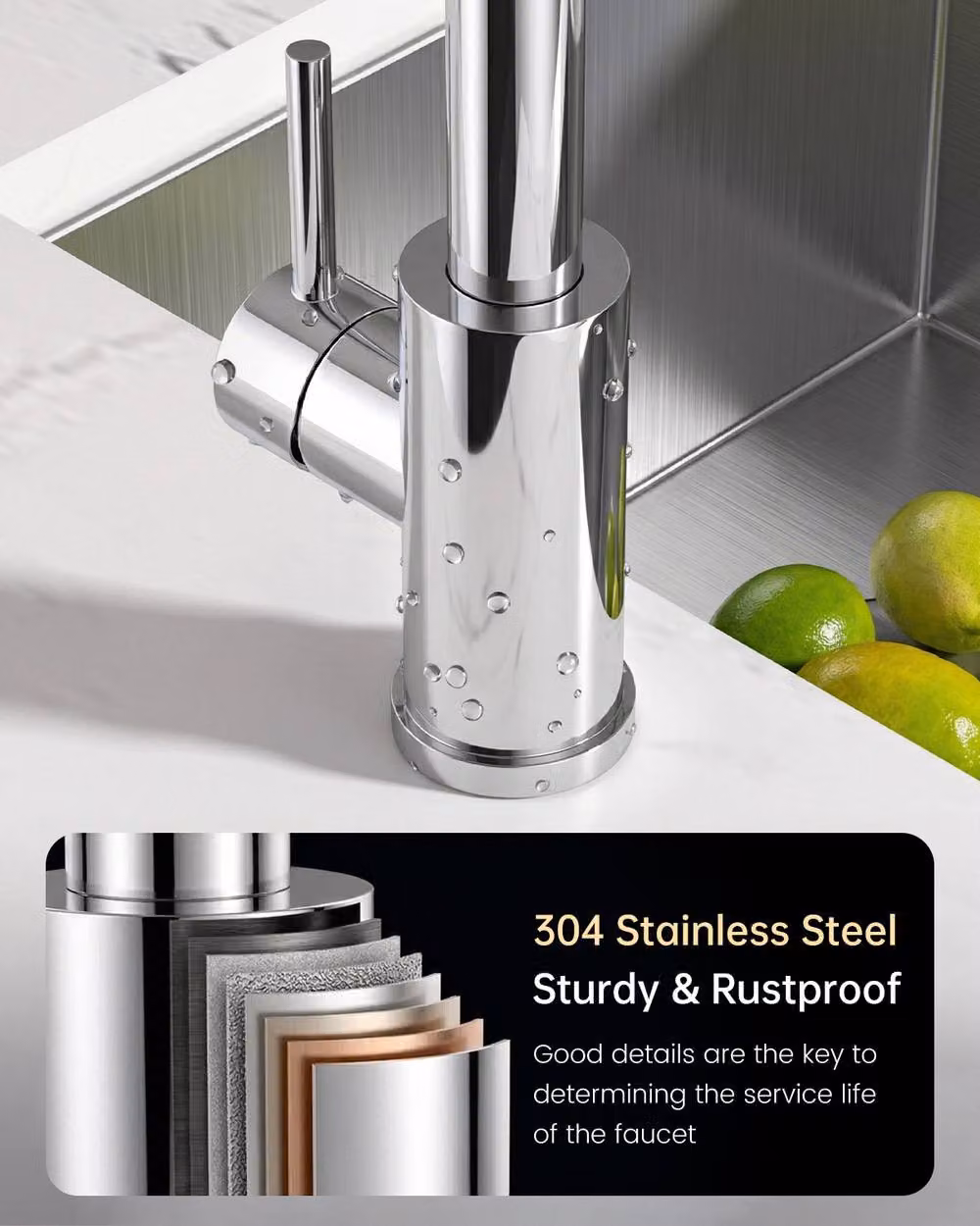 Appaso Chrome Kitchen Mixer Tap with Single Lever and Pull Out Spray Spout in Metallic Silver – 5